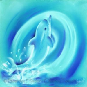 Delfin springt fröhlich aus dem Wasser, türkis-blau