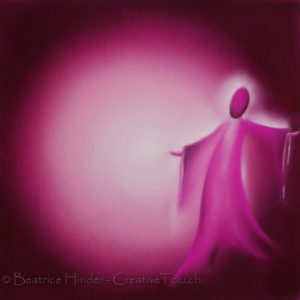 Pink-dunkelroter Engel, Licht im Kreis, Pastellkreide-Kunst