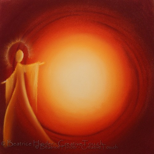 Roter-Oranger Engel, dunkelroter Hintergrund, Mitte mit Licht, Pastellkreide-Kunst